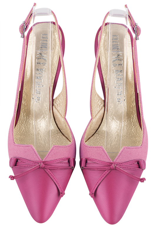 Fuschia pink women's open back shoes, with a knot. Tapered toe. High slim heel. Top view - Florence KOOIJMAN